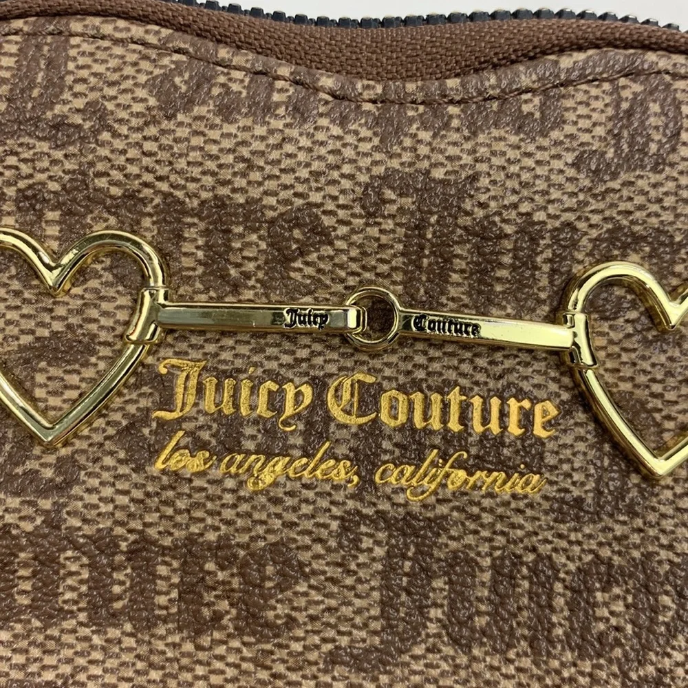Juicy Couture Brown Gold Heart Wristlet bag pouch clutch Zip closure Strap